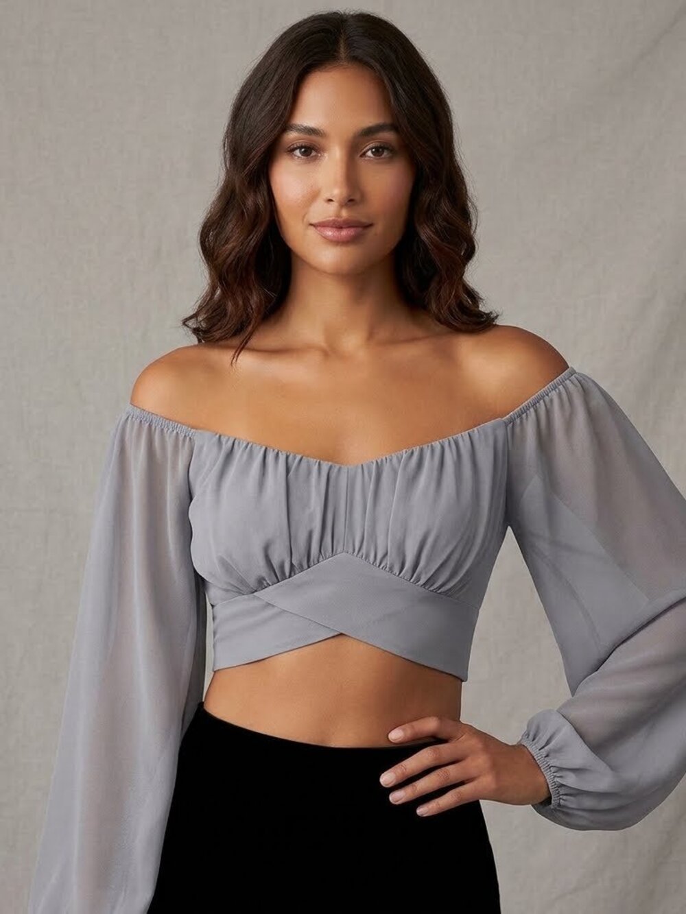 Windsor Light Blue Ruched Off-Shoulder Crop Blouse S